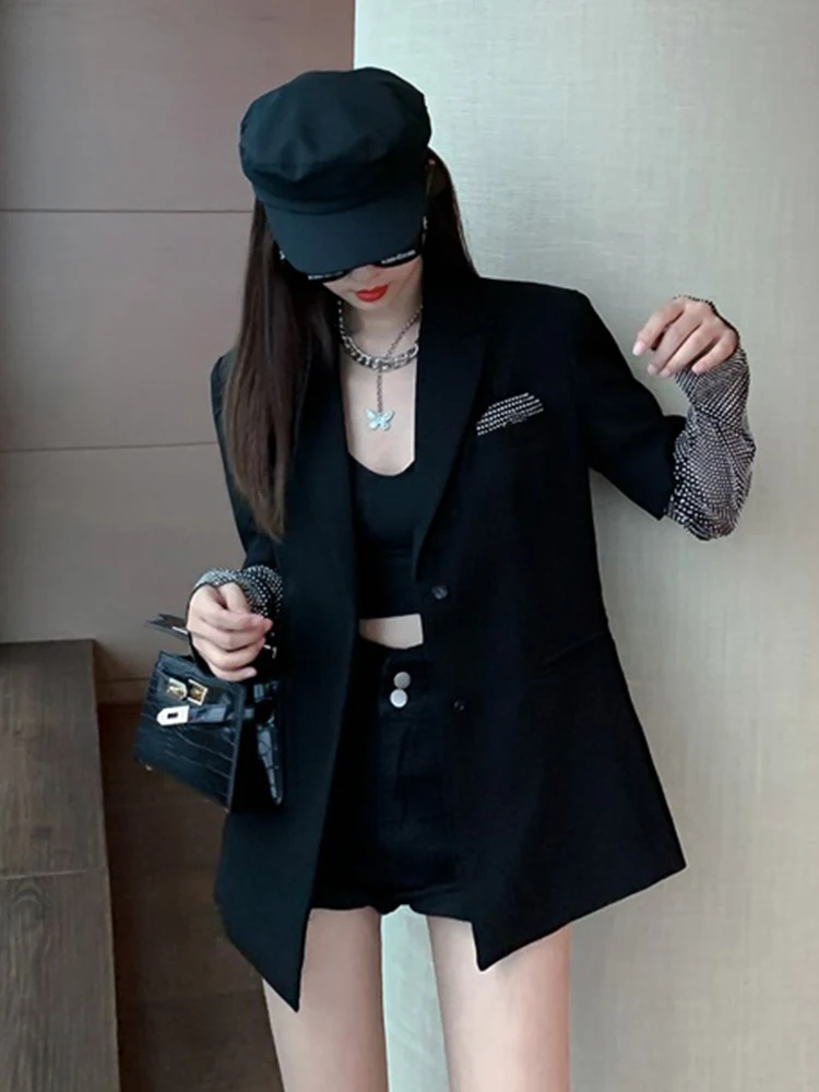 GALCAUR Patchwork Diamond Blazers For Female Notched Long Sleeve Single Breasted Loose Coat Women 2024 Spring Fashion Clothing