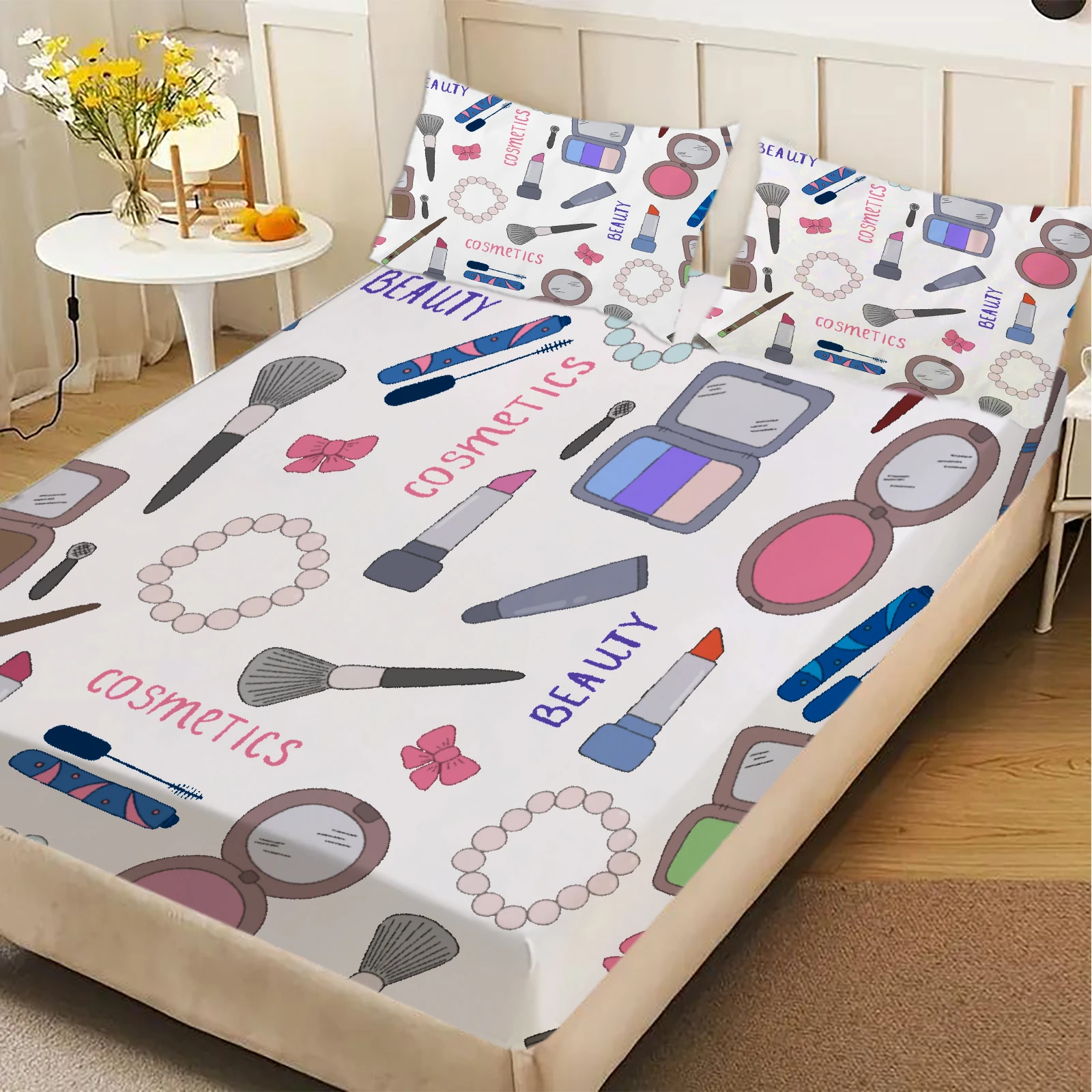 3pcs White Fitted Sheet Set Room Decor Perfume Bottles And Labels Pattern 3D Printed 100% Polyester Bed Sheet With 2 Pillowcases