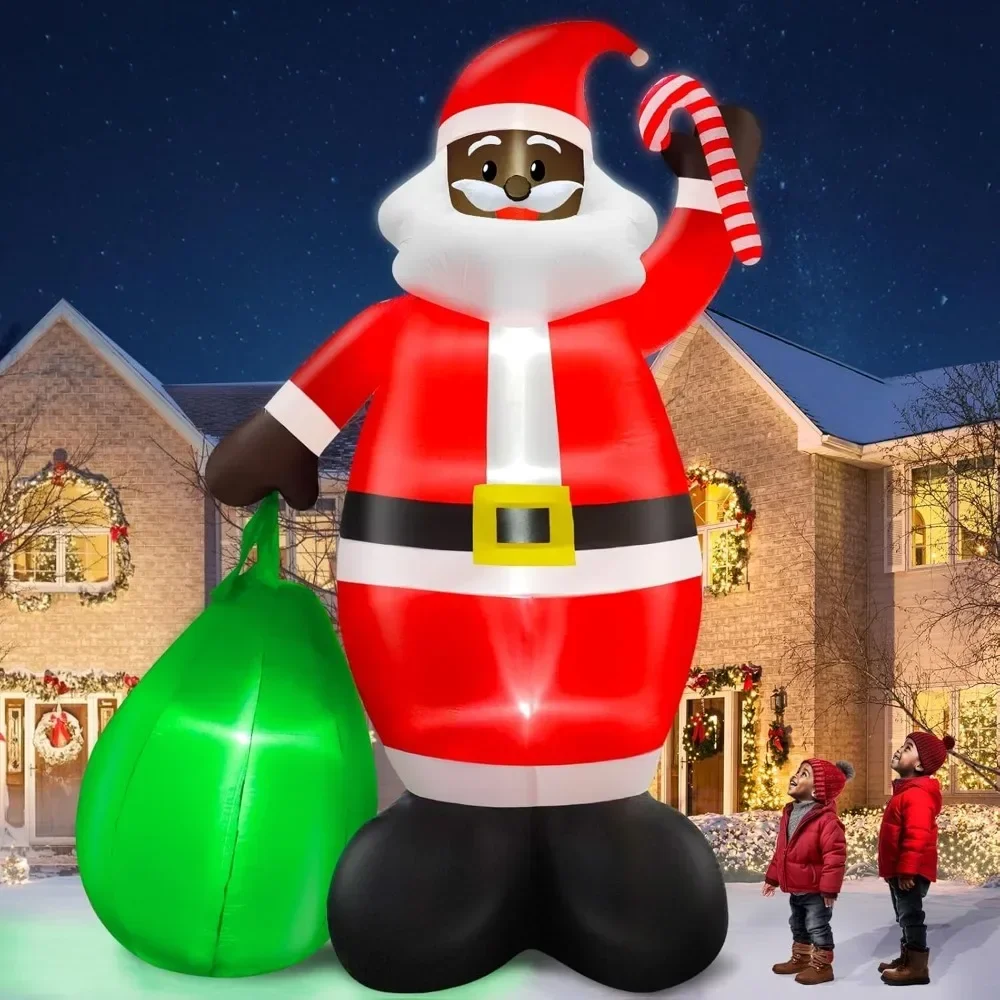 

14 Feet Giant Black Santa Claus Inflatables Christmas Outdoor Decorations Holds Gift Bag Candy Cane Blow Up Build-in LED Lights