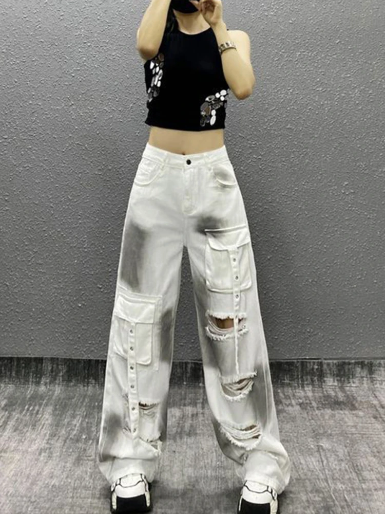 

Джинсы женские в американском стиле, с эффектом тай-дай, с дырками и карманами, летние, новые, с высокой талией, свободные, широкие штанины