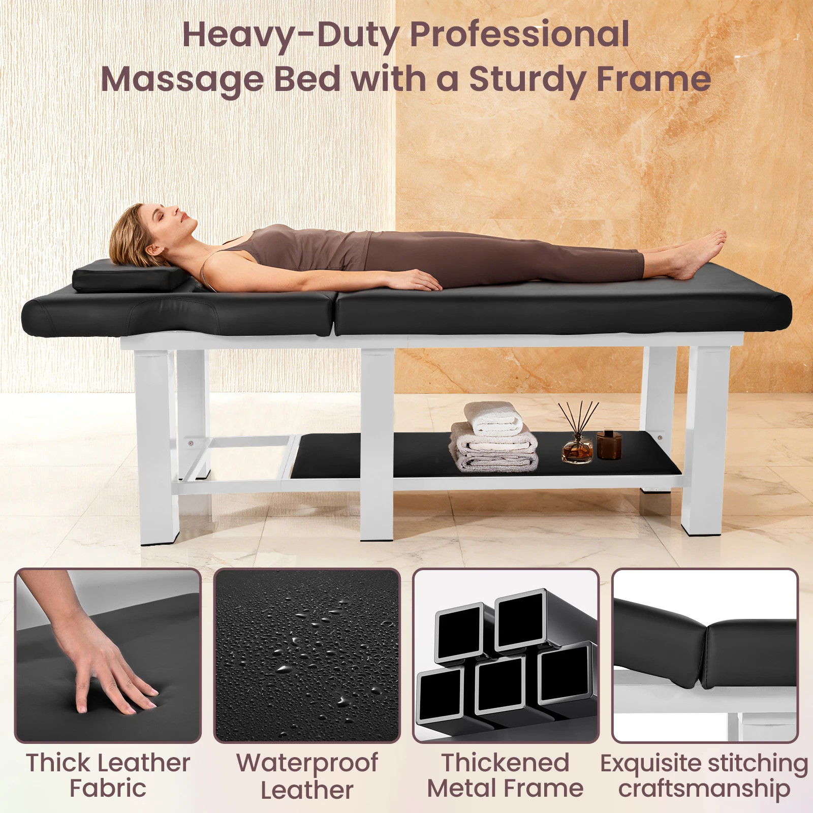 

Heavy Duty Stationary Massage Table, Esthetician Bed with Adjustable Backrest – Metal Frame Facial Waxing Bed for SPA Salon