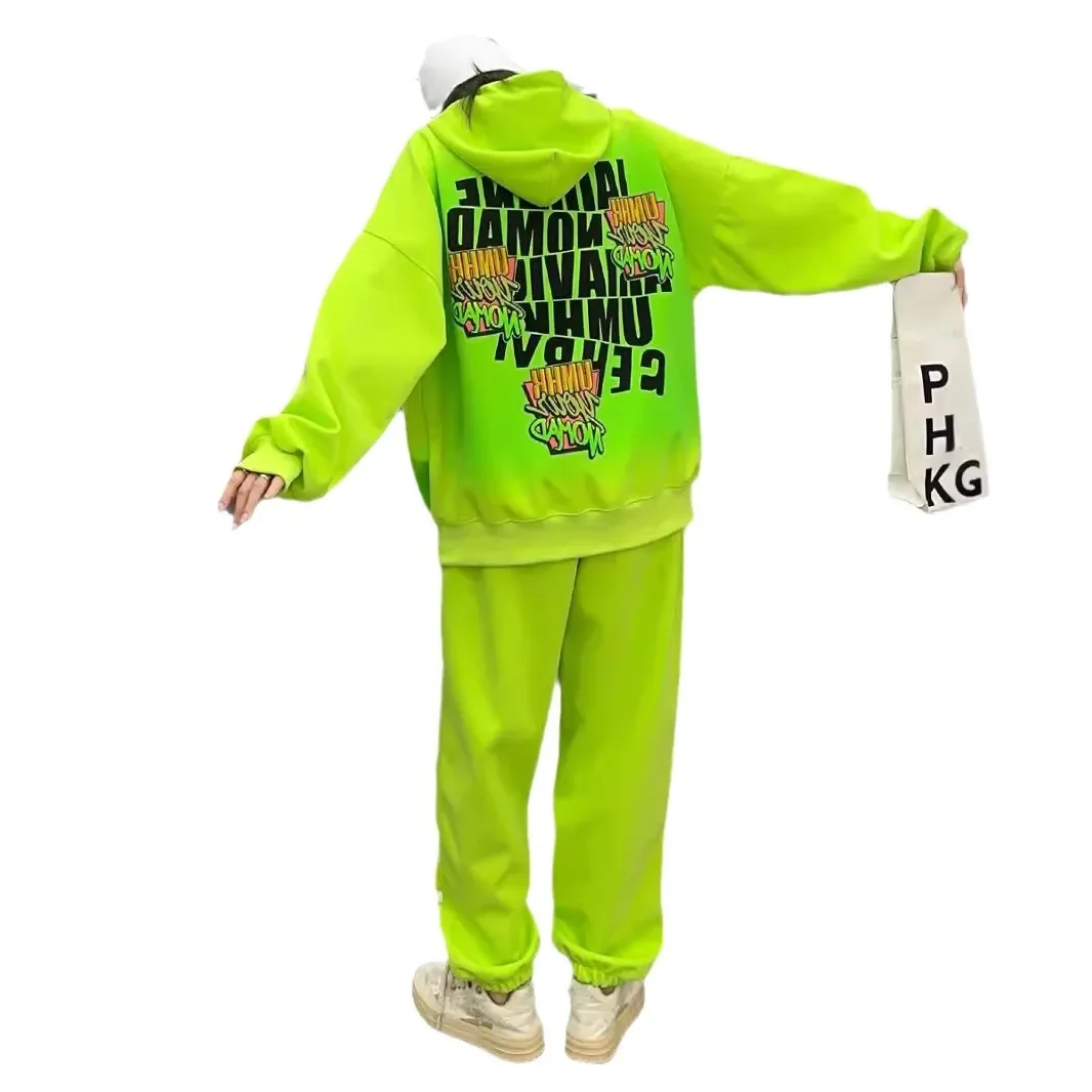 Cartoon Letter Print Hoodies Women 2024 Autumn New Oversized Sweatshirts Top and Pant Two-Piece Set Loose Leisure Sports Suit