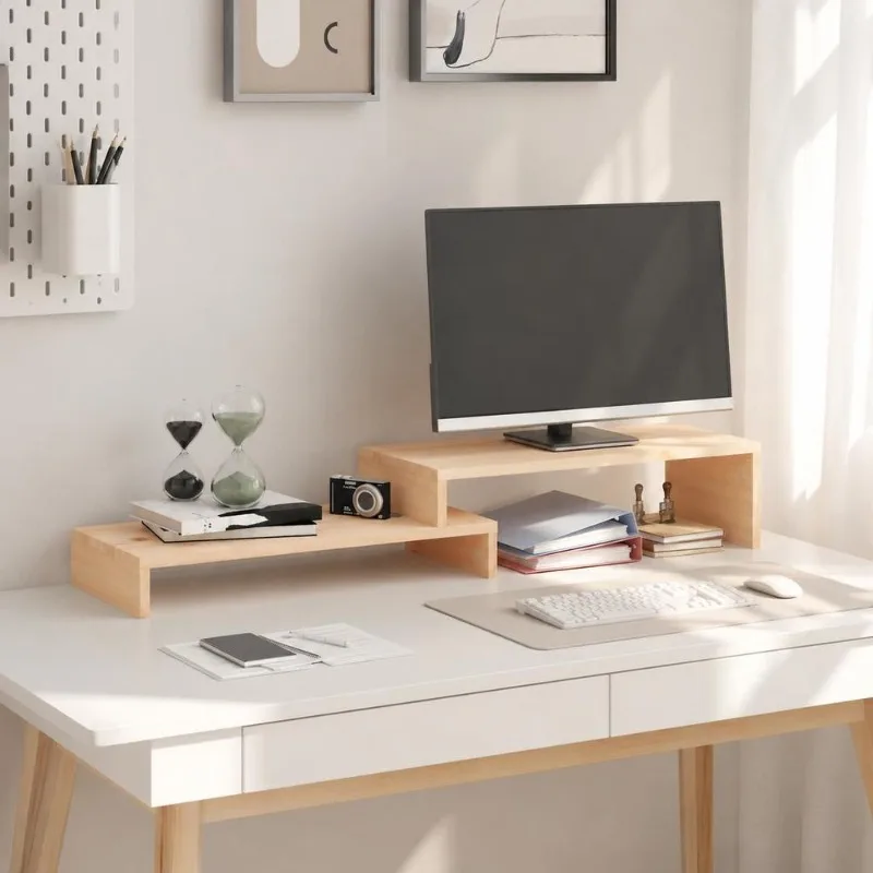 Support de Moniteur en Bois de Pin Massif 101 x 22 x 14 cm, Cadre Stable, Espace de Rangement Réglable, Design Minimaliste Ergonomique, Réduit la Tension Cervicale, Montage Facile pour Bureau, Maison et Support d'Écran