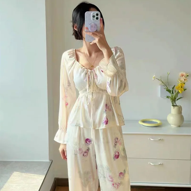 

Sweet Lace Summer Princess Pajamas Long Sleeve Flower Print Pajama Set Silky Satin Pyjamas For Female Sleepwear Suit Homewear