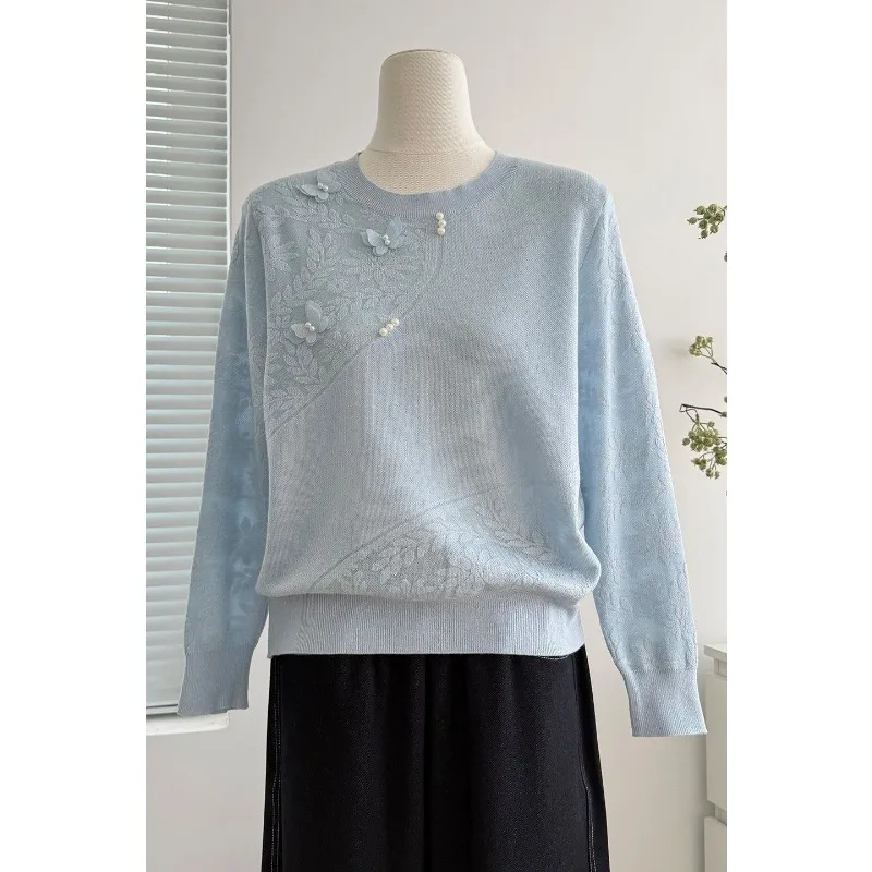 Mature Women Autumn Knit Top Round Neck Long Sleeve Elegant Sweater For Middle Aged Mothers