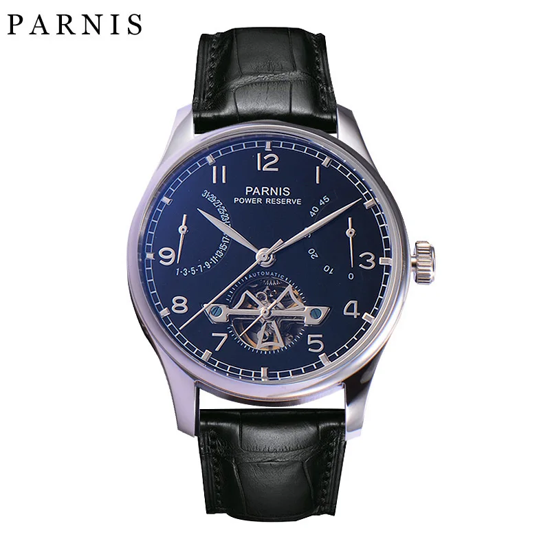 

Parnis 43mm Black Skeleton Dial Mechanical Automatic Men's Watch Leather Strap Men Power Reserve Tourbillon Waterproof Watches