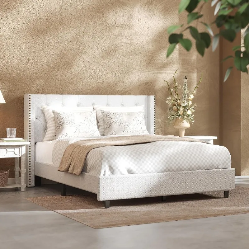 

Queen Size Upholstered Bed Frame – Wingback Tufted Headboard, Sturdy Wooden Slats, 700 lbs Capacity, No Box Spring Nee