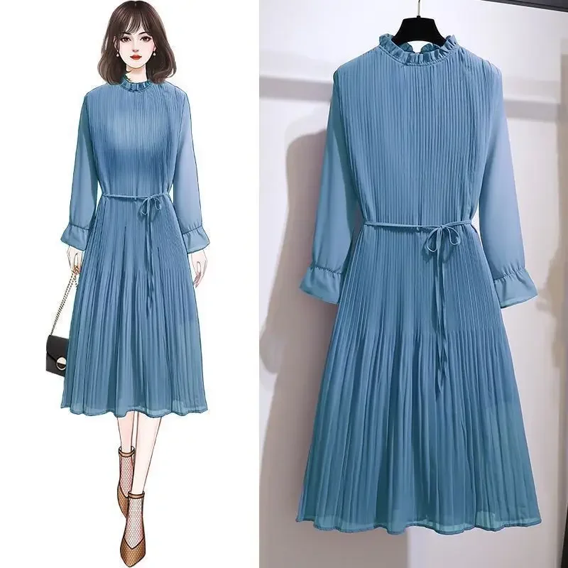 Spring and Autumn New Mid -length Fashion Temperament Foreign Gas Thin Pressure Pleated Chiffon Dress Women's Clothing