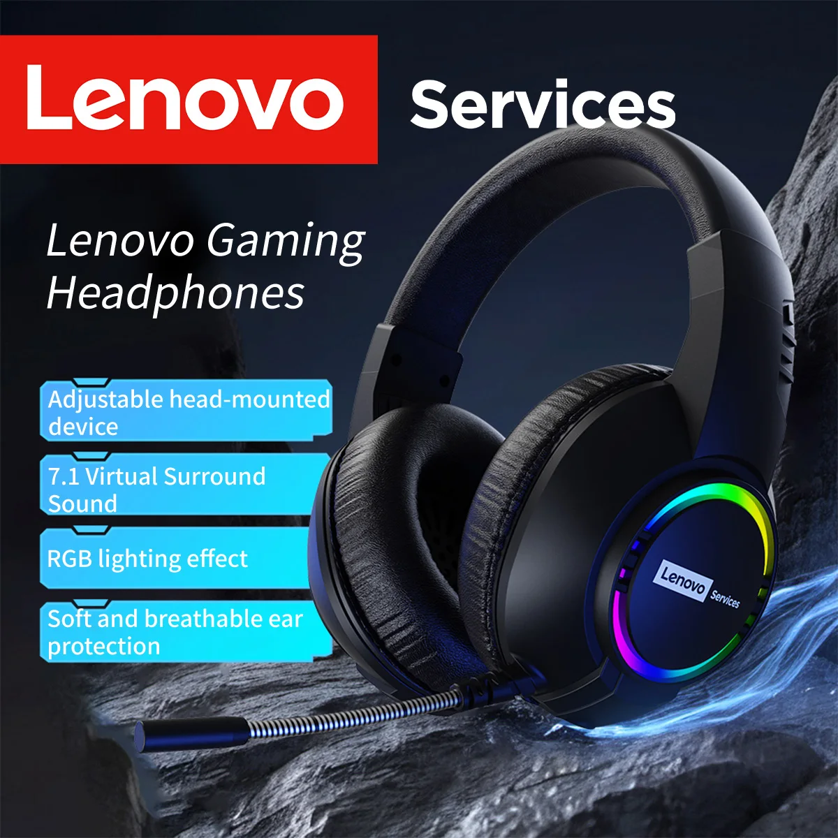 

Lenovo E08 Gaming Headset 7.1 Virtual Surround Sound 50mm Driver RGB Light Over-Ear Headphones with Mic for PC Gamer E-sport