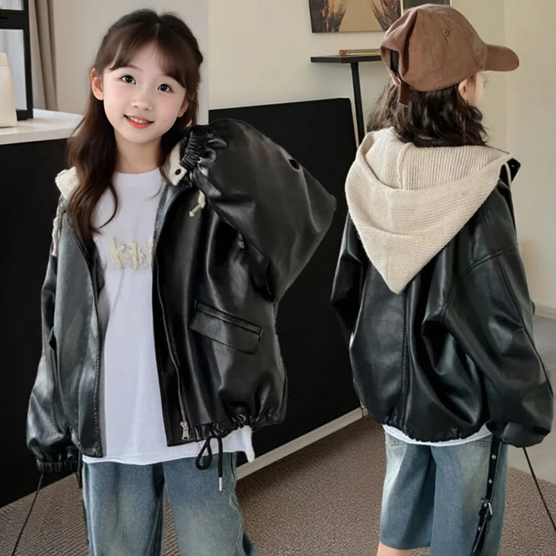

Kids Child Fashion Removable Hooded Faux Leather Jacket for Tweens Girls High Street Black Color PU Coat with Detachable Hoodies