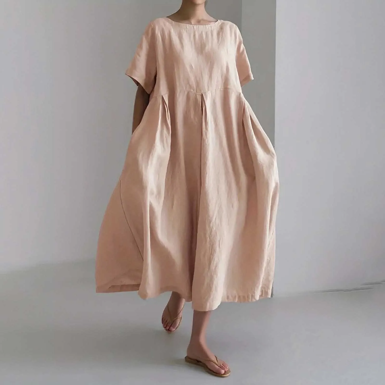 

New Summer Women Long Dresses Beige Green Solid Loose Pullover Dress Round Neck Over The Knee Long Skirt Women Vacation Dresses