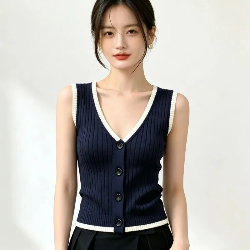 Women Clothing Summer Casual Korean Fashion All-match Fashionable Color Blocking V-neck Sleeveless Ice Shreds Slim Appear Thin