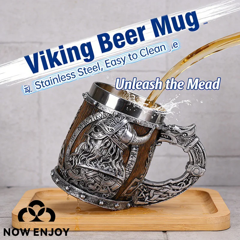 NOW ENJOY  Valhalla Viking Stainless Steel Nordic Barrel Dragon Boat Warrior Horn Skull Beer Mug Tankard Stein Cup Resin Glass