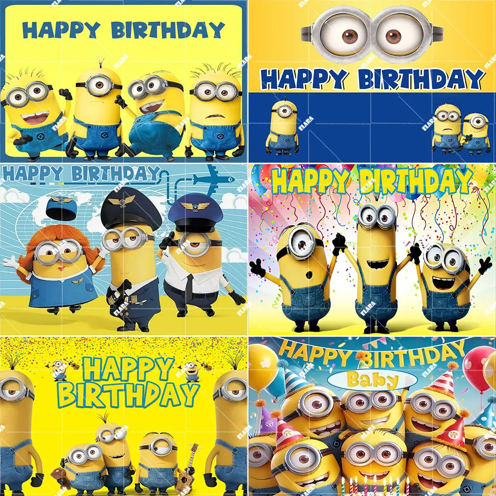 

Cute Minio-ons Yellow Big Eye Man Theme Kids 1st Birthday Party Anime Film Baby Shower Photography Backdrop Banner Photo Studio
