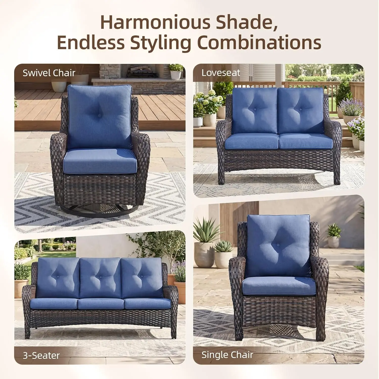 Outdoor Wicker Swivel Rocker Chairs Set of 3 Blue Cushions Patio Garden Balcony Furniture, Customized