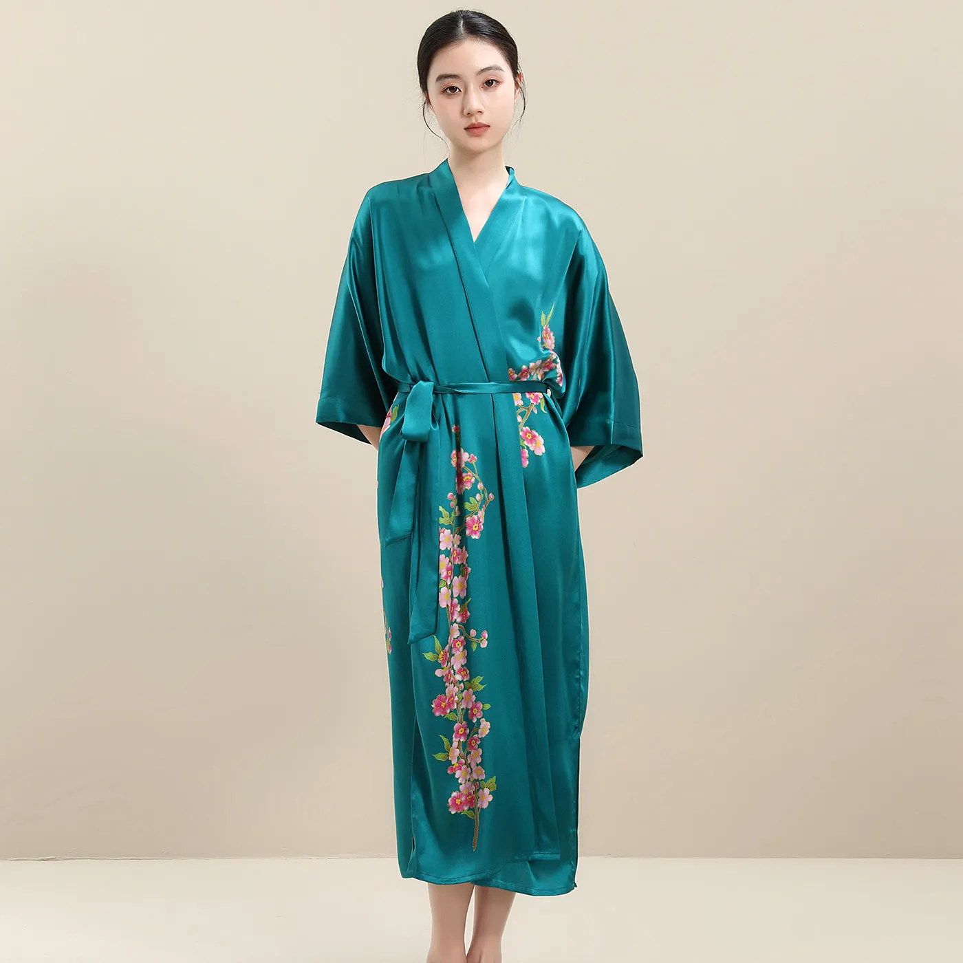Women 100% Mulberry Silk Long Robe Summer Floral Print Kimono Nightgown Luxury Satin V Neck Belted Loungewear Sleepwear Bathrobe