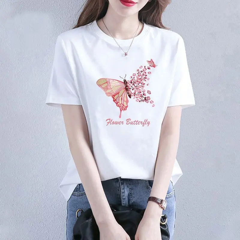 New Summer Women's Solid Colors O-Neck Short Sleeve Loose Thin Butterfly Printed Pullovers Trendy Comfortable All-match Tops