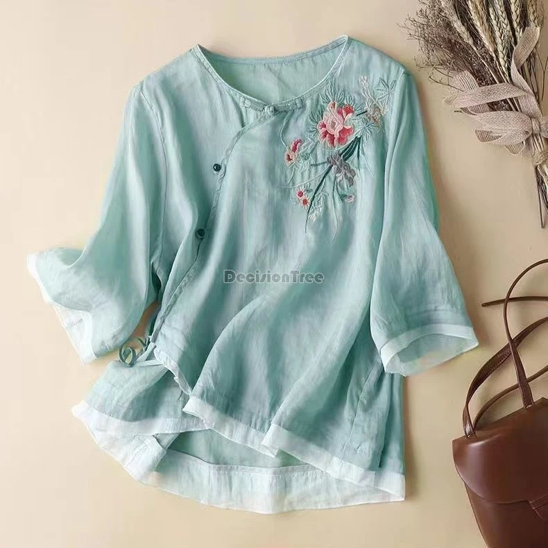 2024 chinese ethnic embroidery cotton linen top loose comfortable cool lady blouse retro sweet lace patchwork improved qipao top