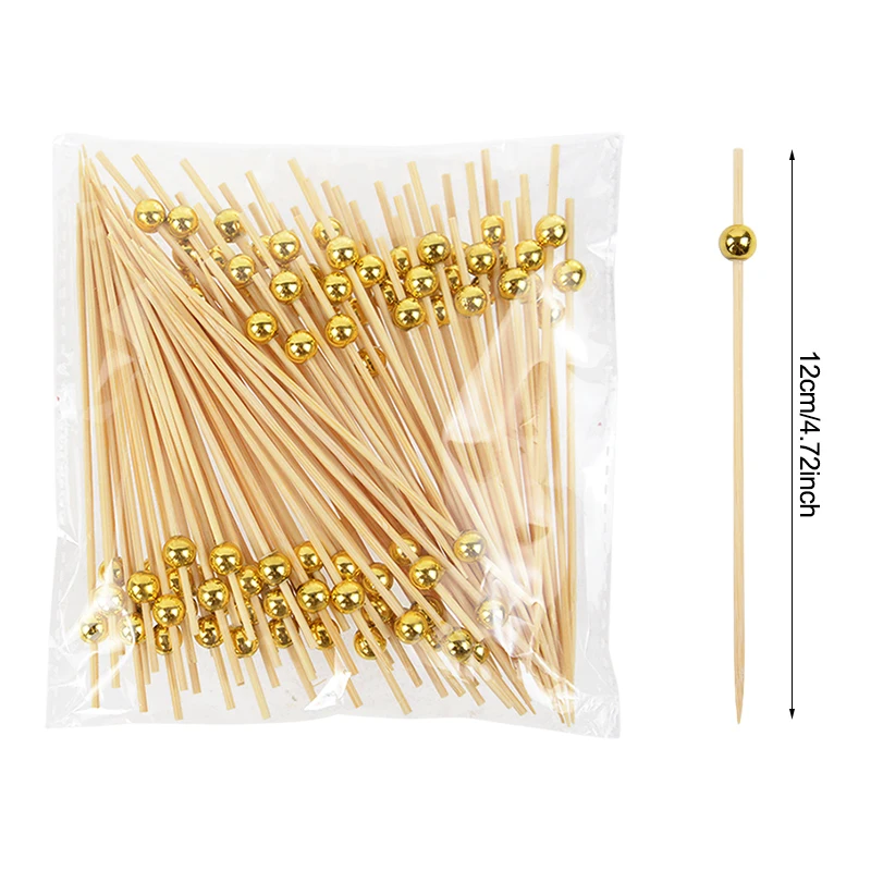 100pcs Gold Beads Bamboo Fruit Sticks Cute Bear Salad Snack Fork Cocktail Decor Cake Buffet Toothpicks Party Decoration Supplies