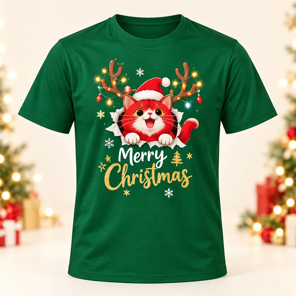 Cute Christmas Cat With Antlers T Shirt For Men Women And Kids Merry Christmas Print Parent Child Matching Family Party Outfits