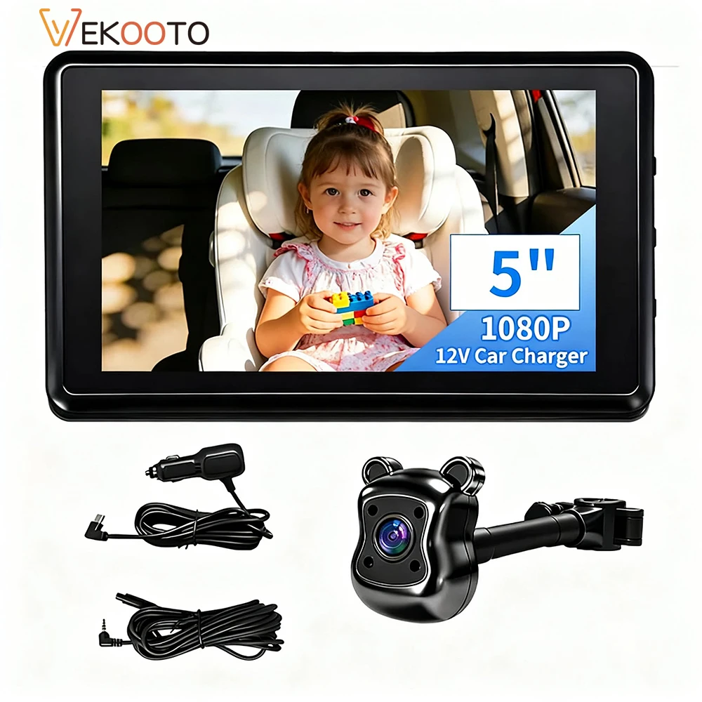 Caméra de surveillance pour bébé en voiture, écran HD 1080P de 5 pouces, vision nocturne infrarouge,