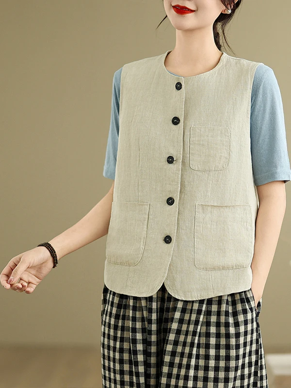 Printemps 2025 femmes Simple coton lin Svel Jaet ouvert Cardigan Sle Sweet Sle rond Ne simple bouton régulier Th...