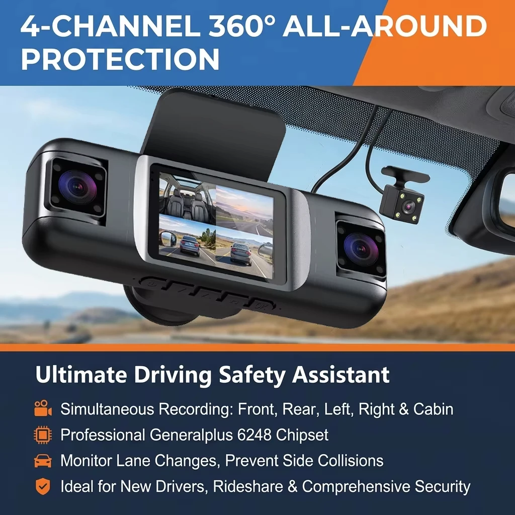 4Channel 360 Degree Dash Cam Front Rear Left Right Camera WiFi 1080P HD Light Night Vision Video Recorder 24H Parking Monitoring