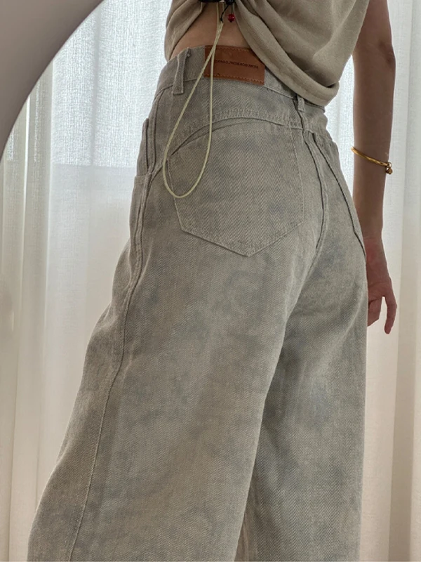 Damskie jeansy retro z wysokim stanem i szerokimi nogawkami, plus size, wyszczuplające, z nadrukiem tie-dye, unikalny design, proste spodnie do ziemi.