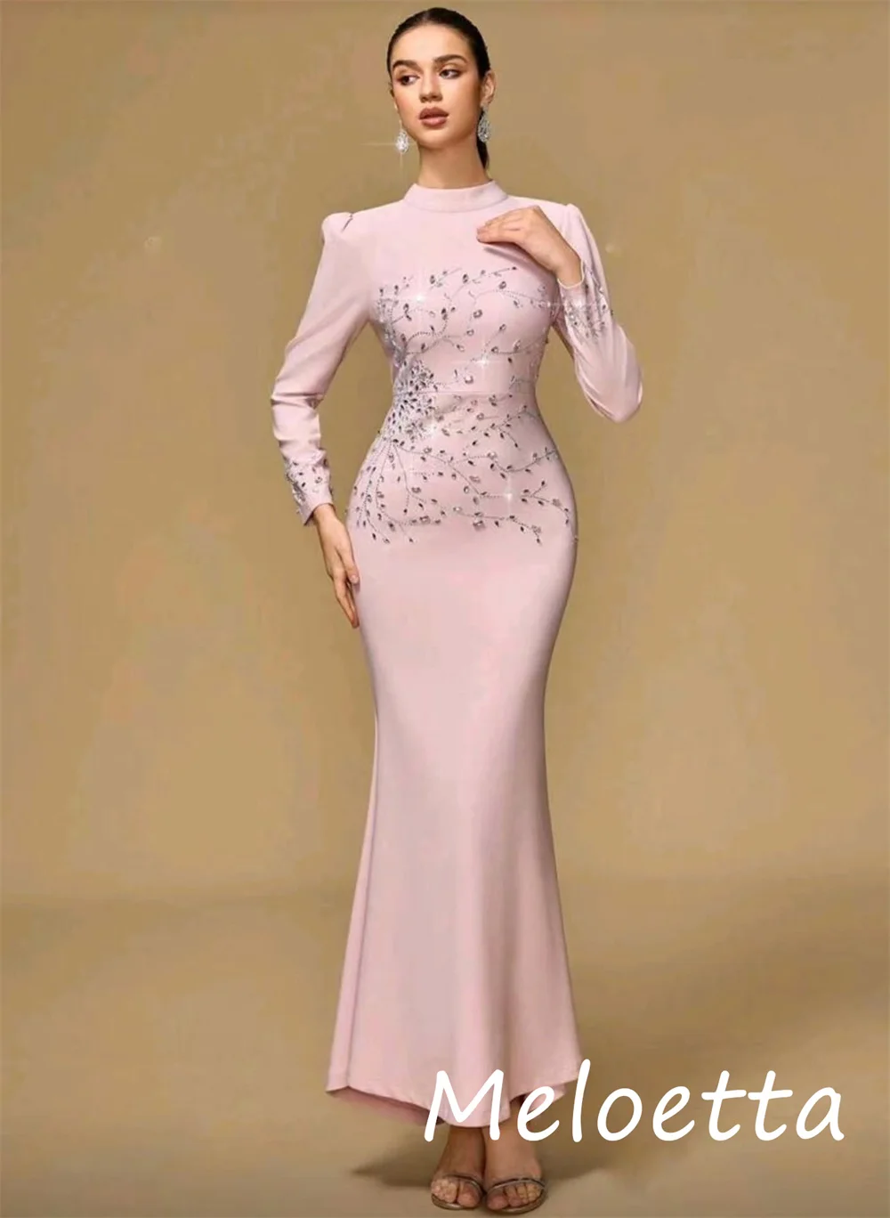 Aangepaste eenvoudige retro jersey lovertjes plooi trompet ronde hals midi-jurken op maat gemaakte gelegenheid voortreffelijk