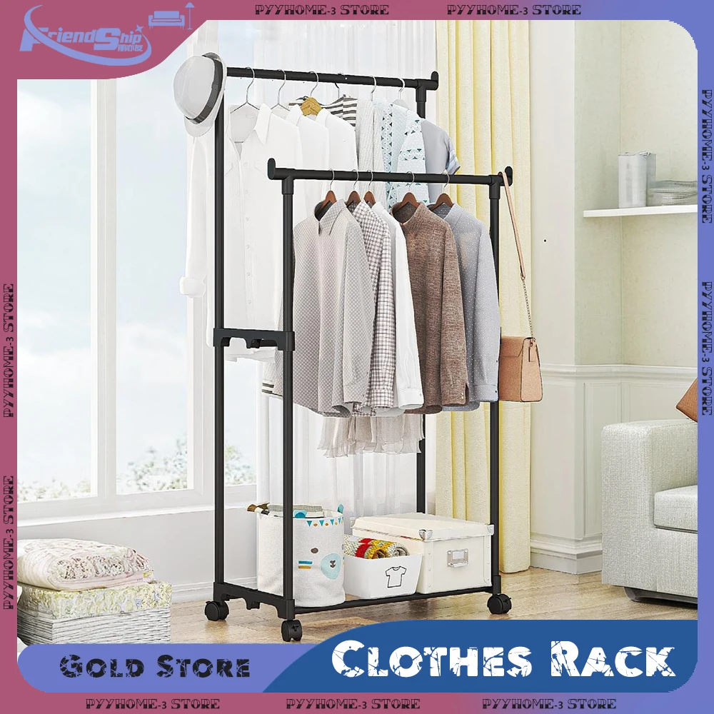 Double Rod Coat Rack Floor Standing Movable Clothes Wheeled Hanger Easy Assemble Bedroom Household Storages Shelf Clothes Hanger