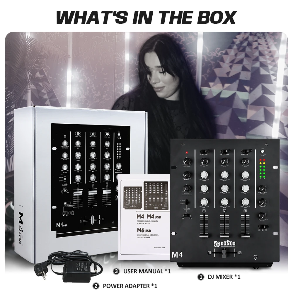 3-Channel Scratch DJ Mixer Rack Mount with 3-Band EQ Microphone Input and Replaceable Crossfader with Reverse and Slope Controls