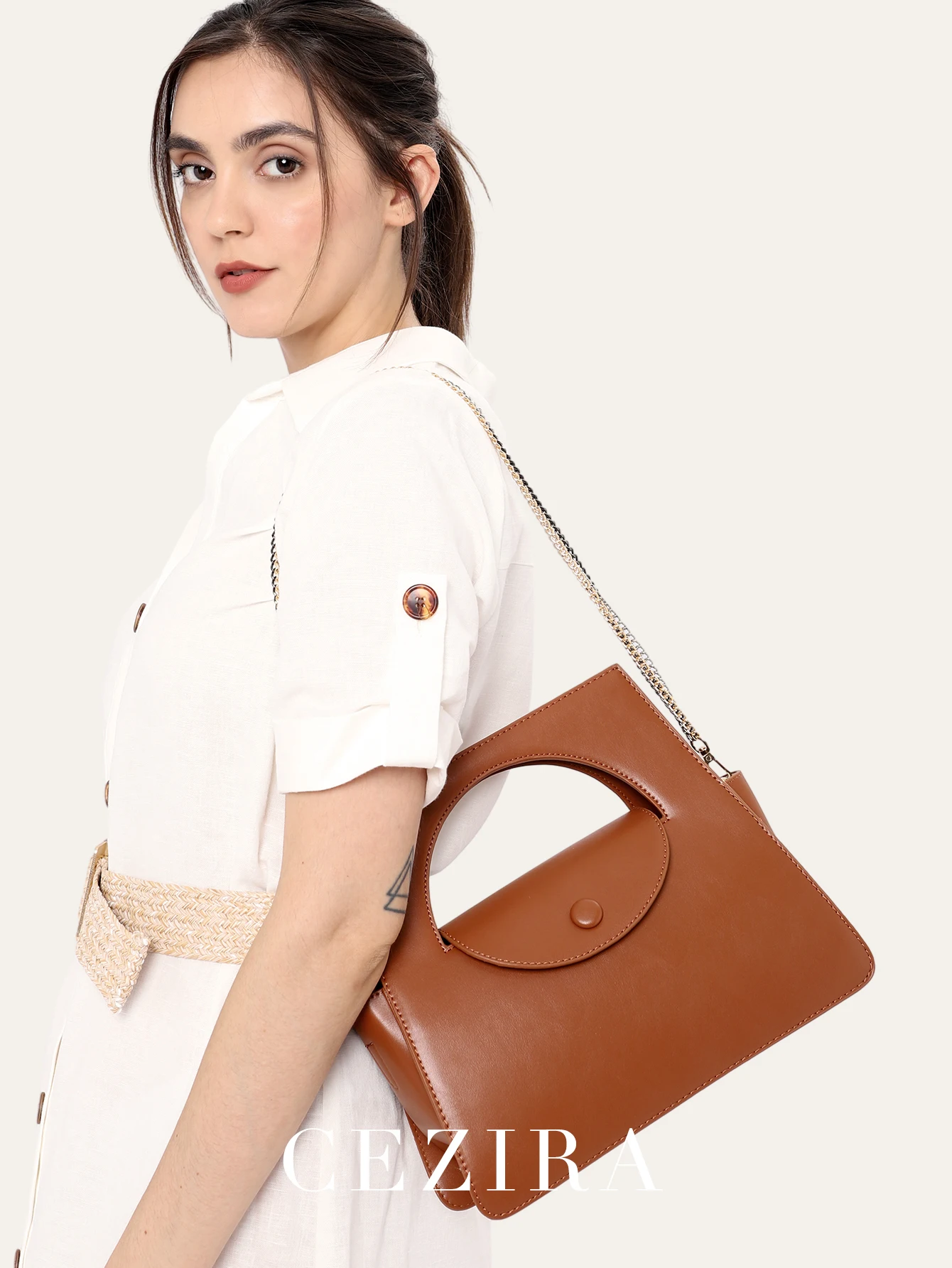 CEZIRA Niche Design Vegan PU Leather Women Flap Top Handle Bag Double Chain Crossbody Shoulder Purse Daily Office Commute