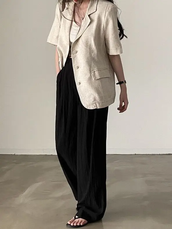 

Свободный хлопковый льняной костюм Jaet, женский ленивый костюм для похудения, на одной пуговице, один комплект, топ с подкладкой и плечами, для поездок на работу, Sle o...