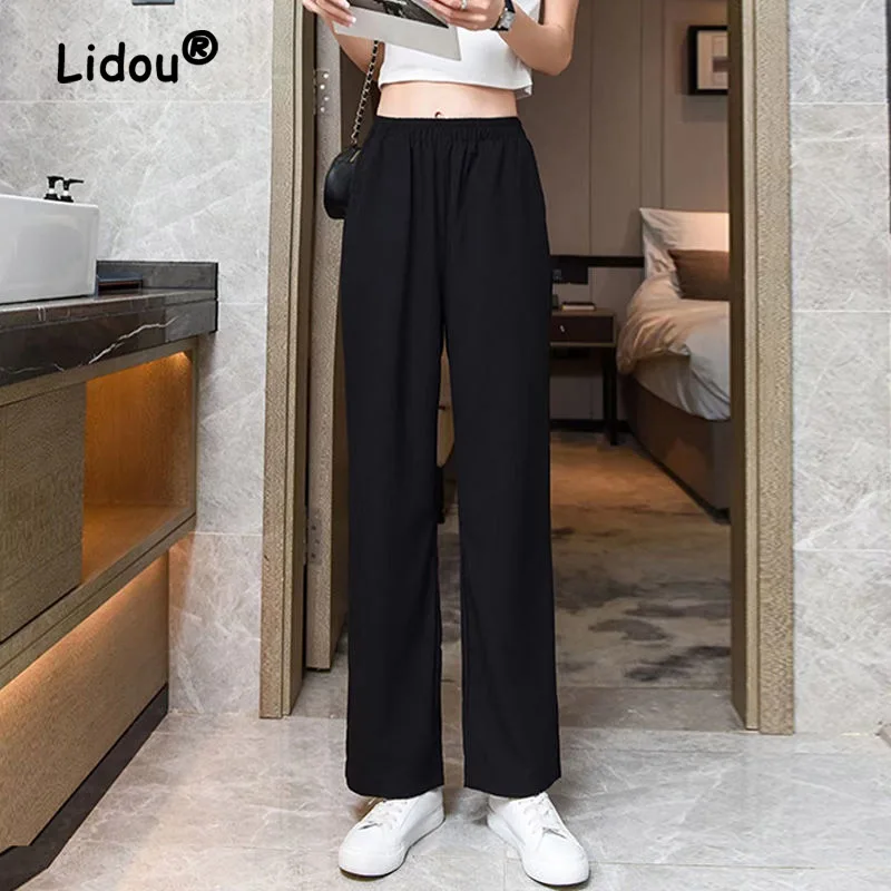 

Fashion Solid Color Pocket Loose Wide Leg Pants Classic High Waisted Casual All-match Korean Thin Straight Cylinder Trousers