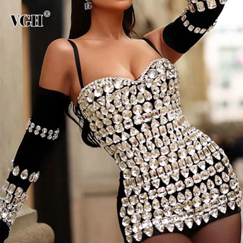 

VGH Solid Patchwork Diamonds Slimming Sexy Dress For Women Strapless Sleeveless Backless High Waist Mini Dress Female Fashion