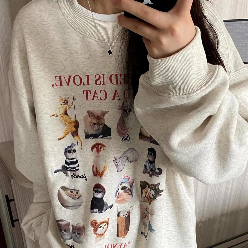 

American High Street Sporty Cats Funny Print Hoodie Warm Plush Winter Oversized Pullover O-neck Loose Y2K Top Aesthetic Harajuku