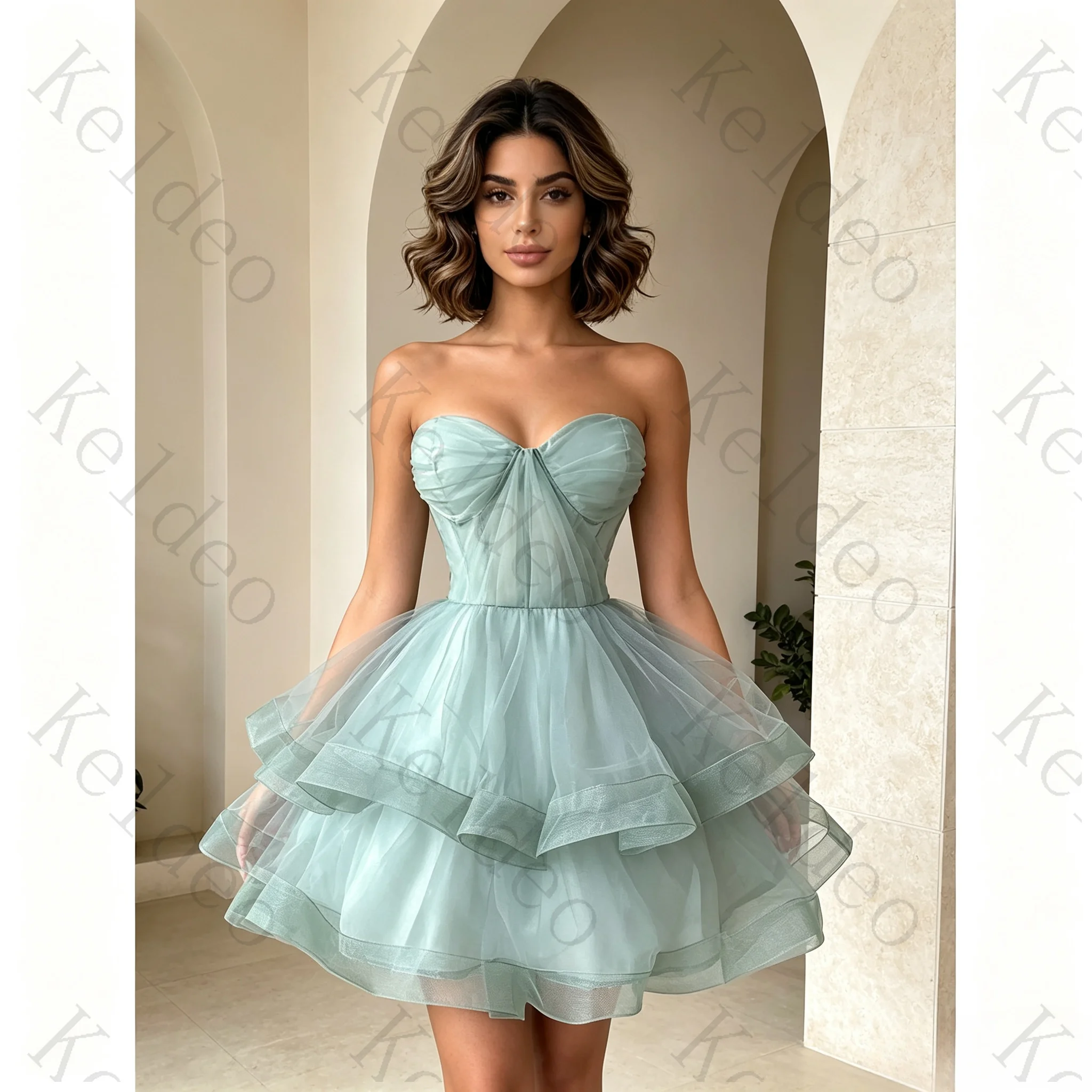 Customized Women's Blush Green Mini Ball Gown Tiered Prom Dress Short Sleeves Graduation Party Vestidos De Fiesta Elegant Chic