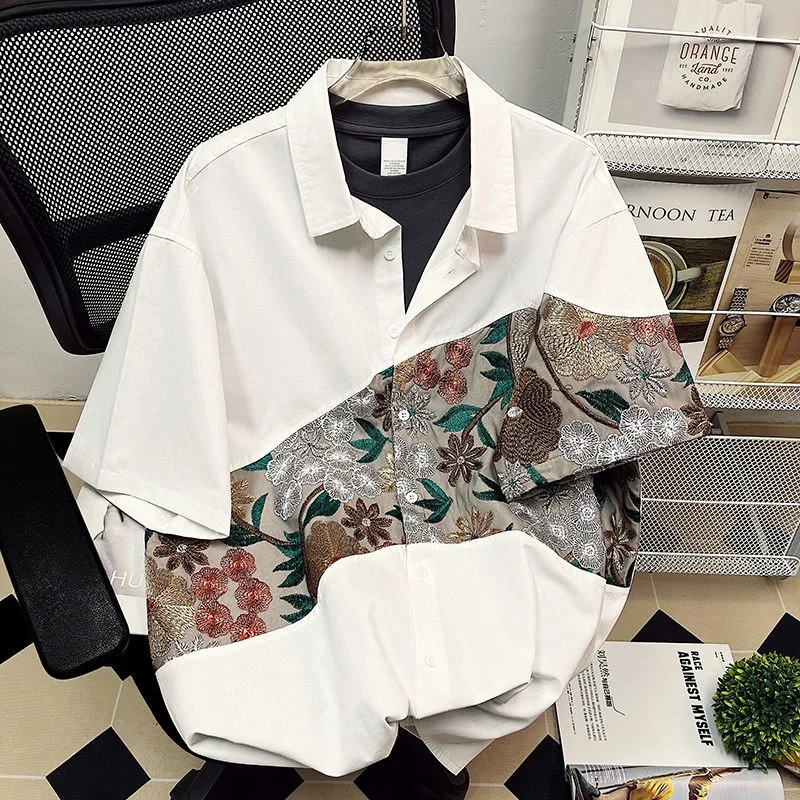Pop Summer Embroidered Shirts Men Fashion Casual Flower Shirts Mens Japanese Streetwear Loose Short Sleeve Shirts Men Plus Size