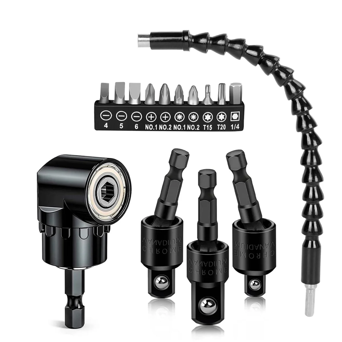 A78I Flexible Drill Bit Extension Right Angle Drill Adapter Set 360°Rotatable 1/4 3/8 1/2inch Impact Grade Socket Adapter Set