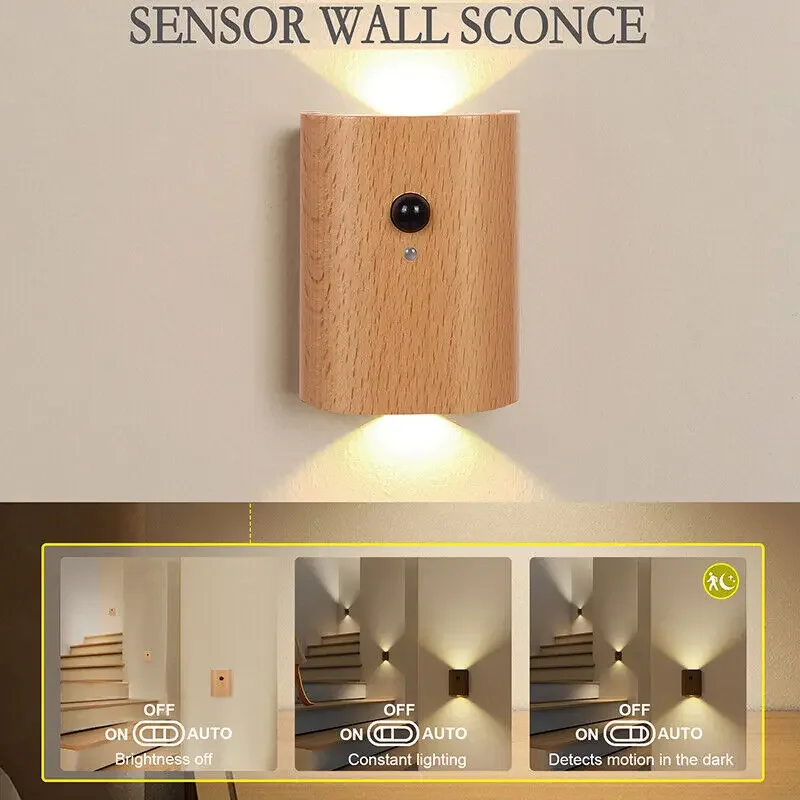 USB Rechargeable LED PIR Induction Night Light Motion Sensor Indoor Sconce Wall Lamp Wireless Indoor Home Stair Bedroom