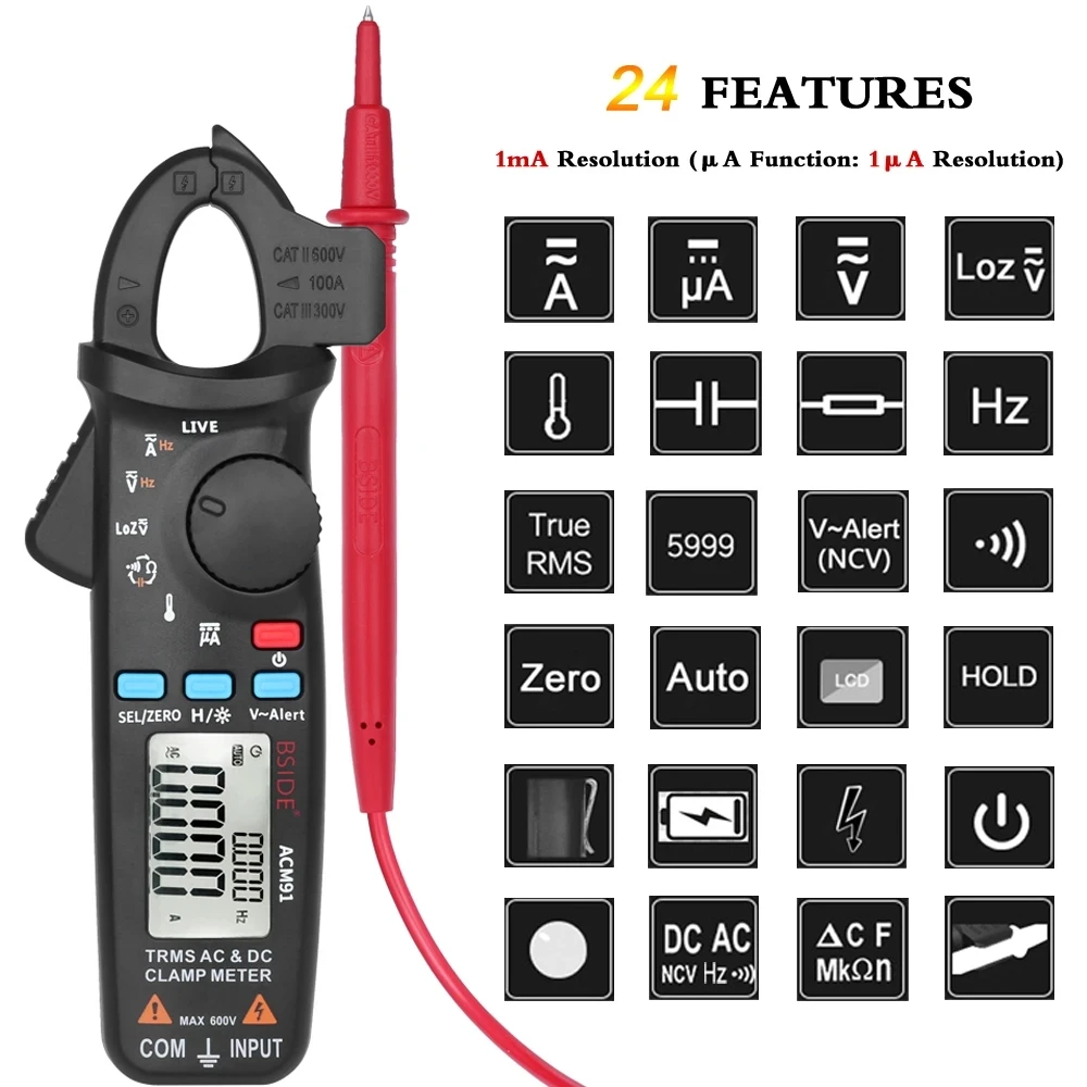 BSIDE DC AC Current Digital Clamp Meter 6000 Counts Auto Range Digital Clamp Meter Multimeter True RMS Ohm Digital Clamp Tester