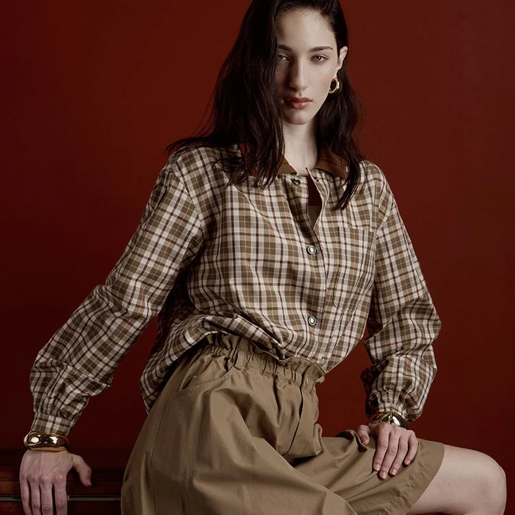 

Ретро-куртка в корейском стиле в клетку для женщин, свободного кроя, с длинными рукавами, из чистого хлопка, для повседневной носки, модная верхняя одежда