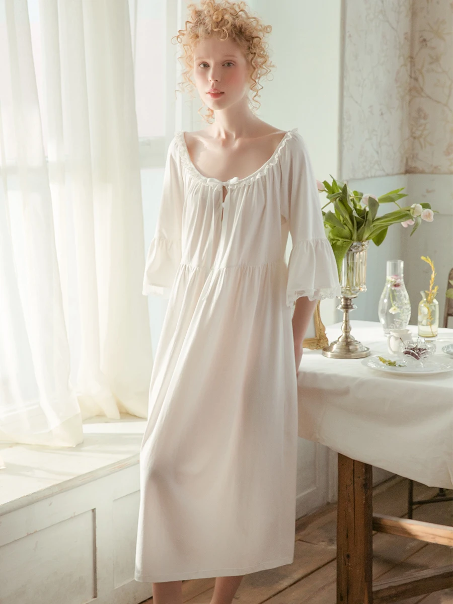 Sweet Vintage Nightgowns Women Cotton Night Dress Ruffle Short Sleeve Sleepwear White Lace Peignoir Kawaii Nightwear Loungewear