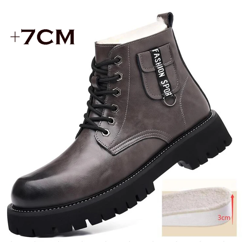 7CM Taller Men Pocket Boots Winter Men\'s Work Safety Boot Plush Height Increasing Man Designer Boot High Top