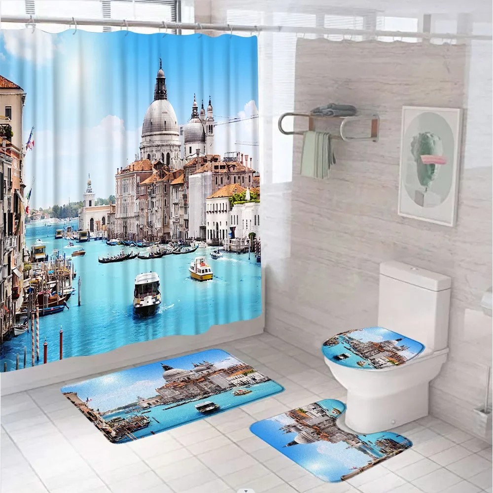 European City Shower Curtain Set Bathroom Decor Grand Canal Venice Italy Historic Cityscape Town Tower Bath Mat Toilet Cover Rug