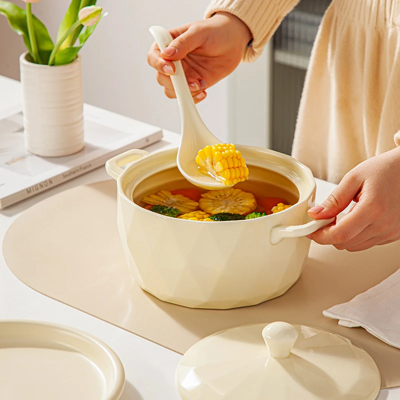 1500 مللي غطاء أطباق سيراميك المنزلية الجديدة كريم الرياح طباعة عالية الجمالية أدوات المائدة الطعام الطفل الكبار الصلبة مقبض وعاء الحساء