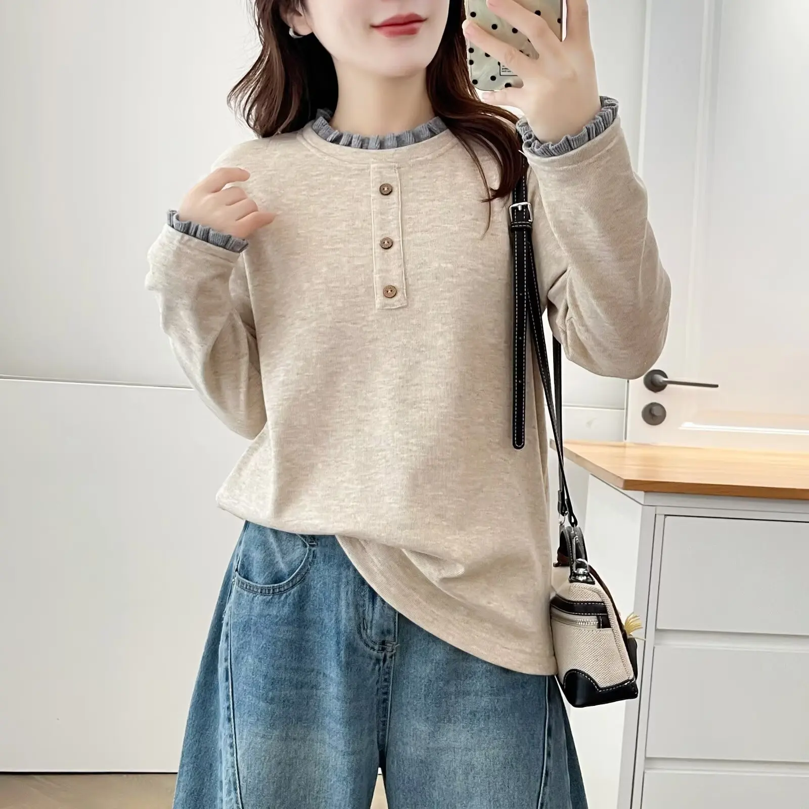 XXXXL موضة حجم كبير تي شيرت المرأة جديد الخريف والشتاء الصوف الدافئة اللون حجب تكدرت طوق بأكمام طويلة 8857