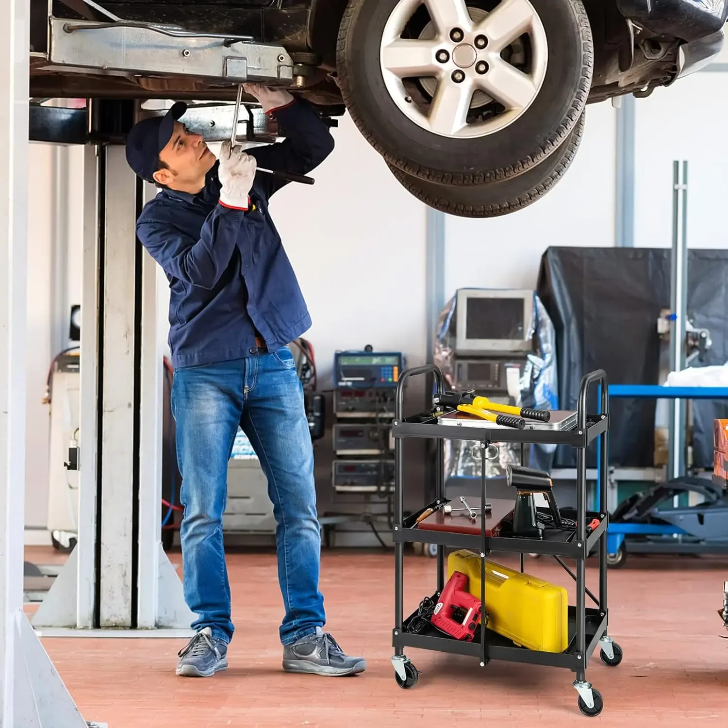 Collapsible Storage Tool Cart with Lockable Wheels & Handrails, Heavy-Duty Metal Frame Service Cart, Portable Rolling Cart for H