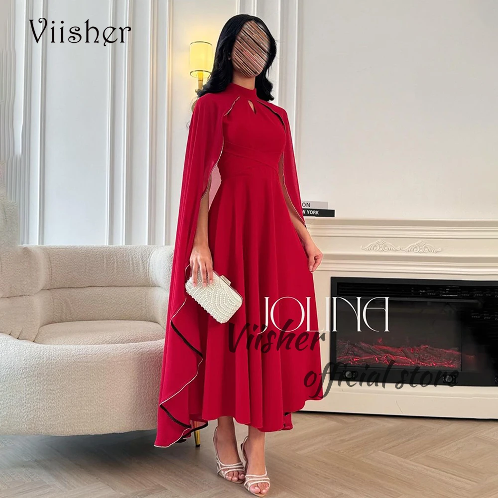 

Viisher Red Mermaid Evening Dresses with Cape High Neck Arabian Dubai Wedding Party Dress Ankle Length Formal Prom Gowns