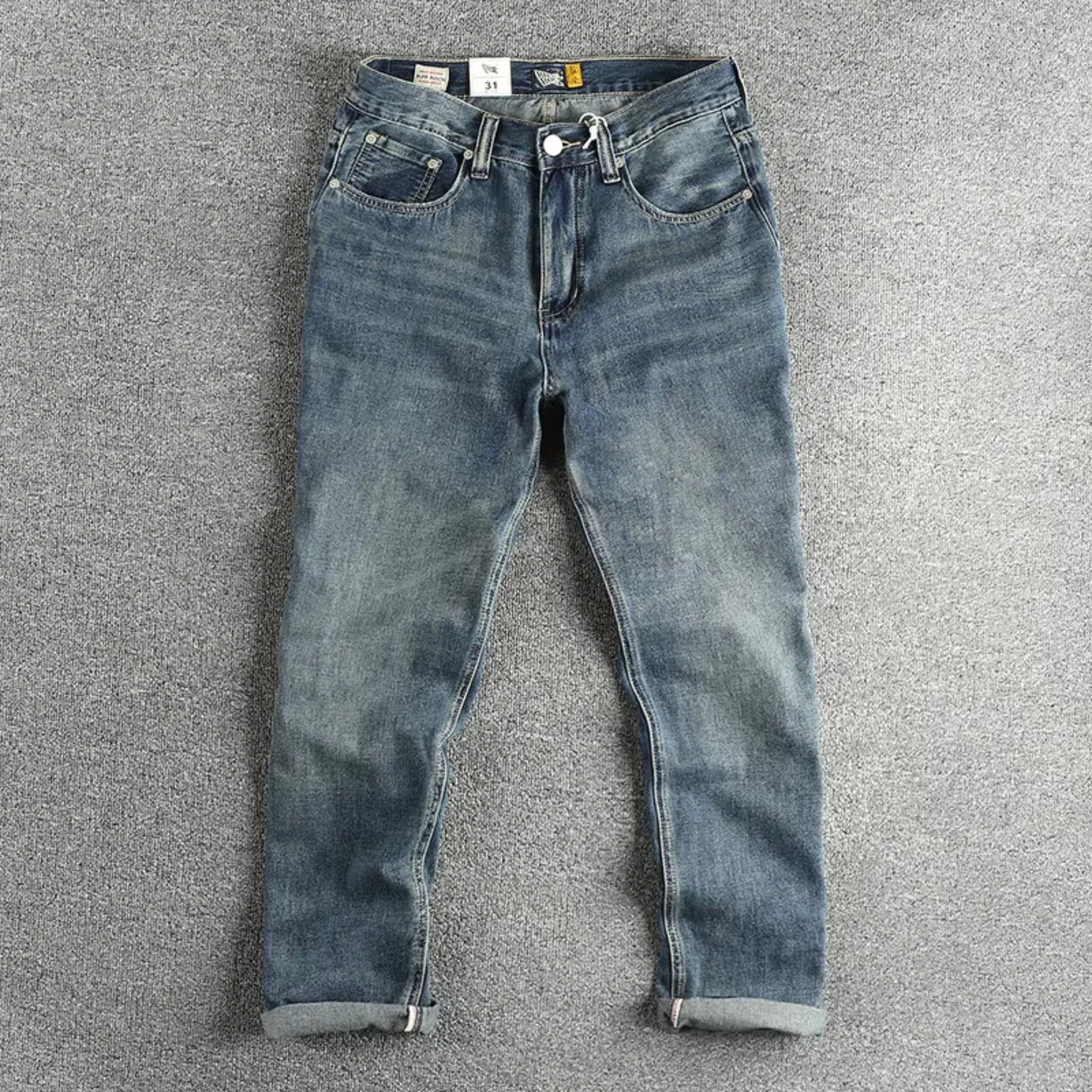 

Simple and unique retro blue wash craft jeans men spring and autumn loose straight leg casual pants